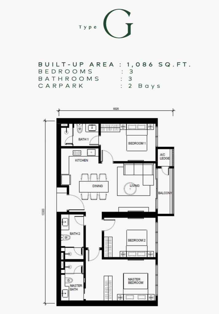 Khaya serviced apartment floor plan : 3-room, 3-bath configuration with built-up 1,086 sq ft