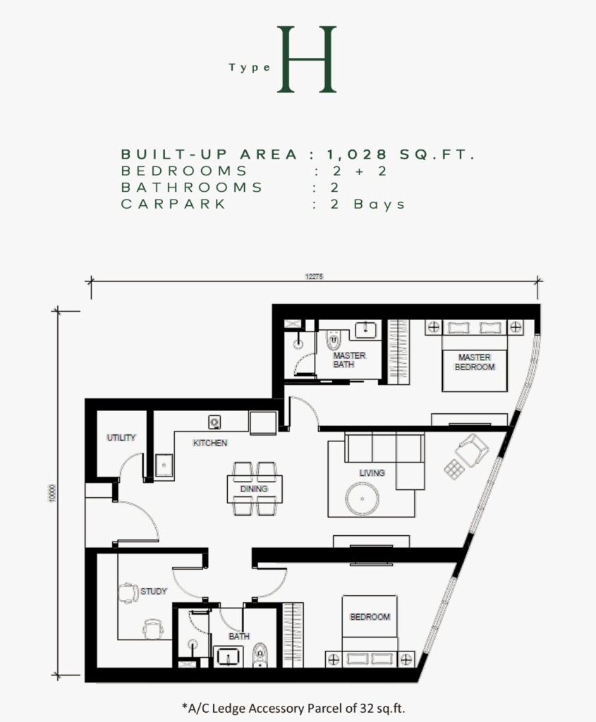 Khaya serviced apartment floor plan : 2+2-room, 2-bath configuration with built-up 1,028 sq ft