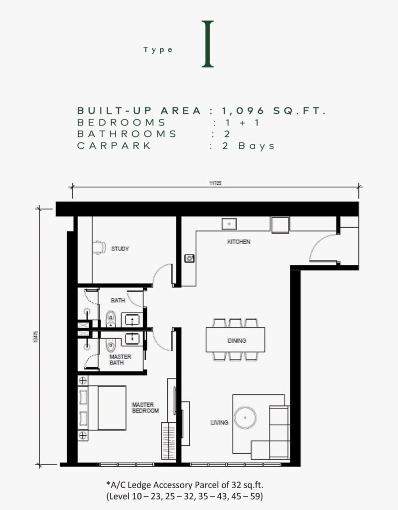 Khaya serviced apartment floor plan : 1+1-room, 2-bath configuration with built-up 1,096 sq ft