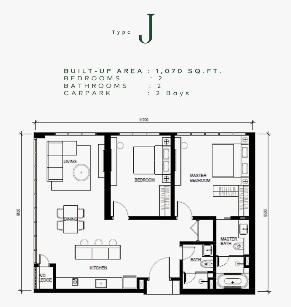 Khaya Residences floor plan : 2-room, 2-bath configuration with built-up 1,070 sq ft