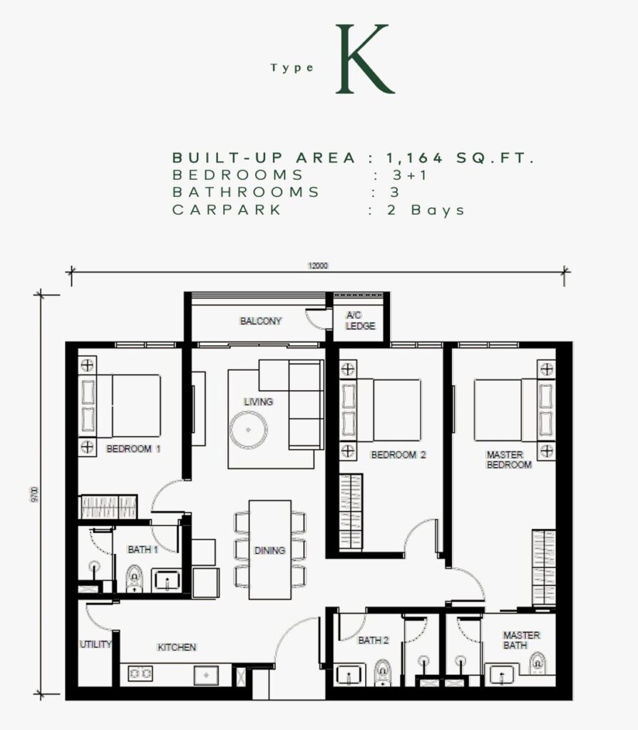 Khaya Residences floor plan : 3+1-room, 3-bath configuration with built-up 1,164 sq ft