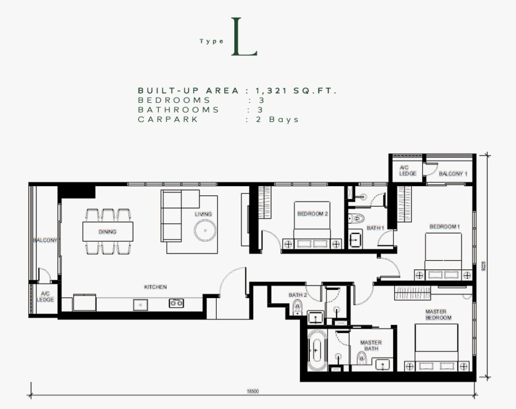 Khaya Residences floor plan : 3-room, 3-bath configuration with built-up size 1,321 sq ft