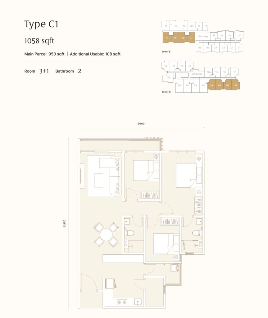 Built-up size1,058 sq ft in 3+1 bedrooms, 2 bathrooms layout