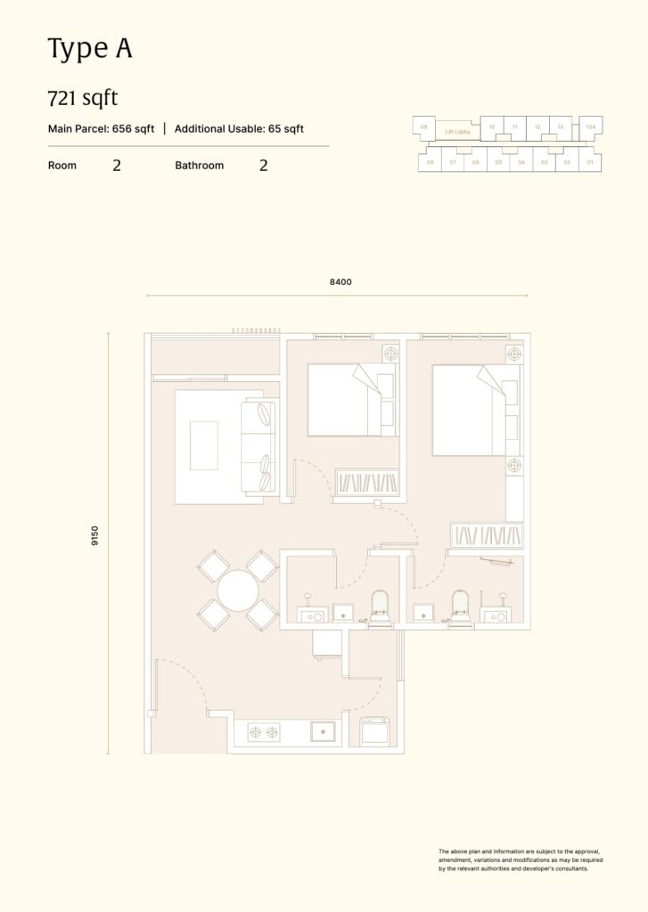 Arra Residences Apartment Layout : Type A - 721 sq ft (2 bedrooms+ 2 bathrooms with balcony & yard layout)