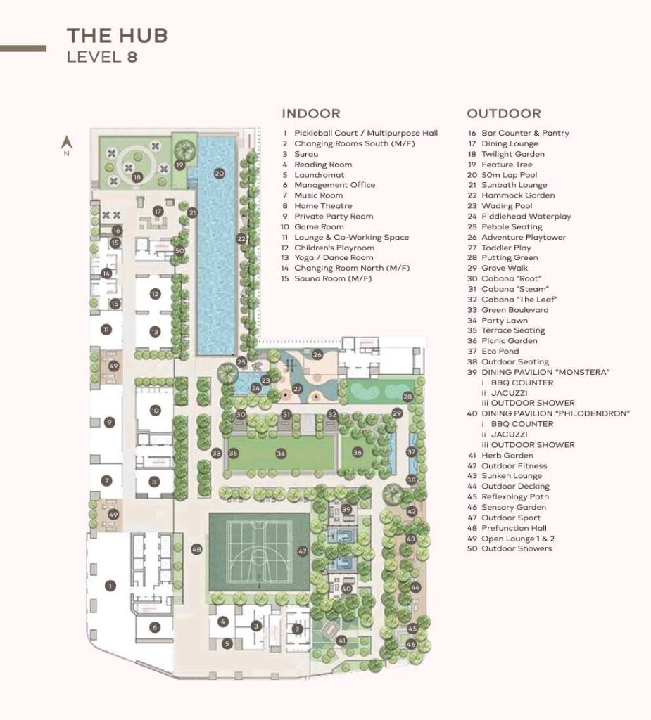 Khaya Residences facilities at Level 8 (The Hub) include indoor/outdoor facilities such as pickleball court, yoga/dance room, 50m pool, home theatre, lounge, garden, party lawn, bar counter, jacuzzi.