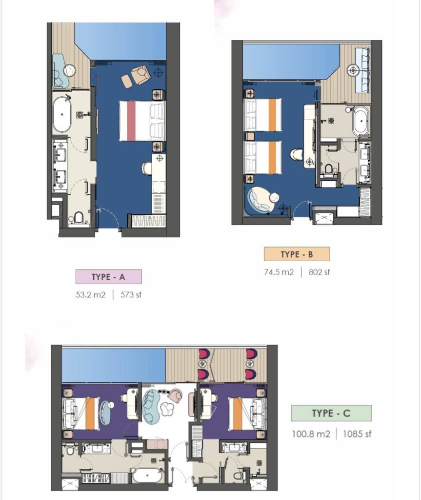 Royal Lexis serviced apartment suites size range from 573 to 1,155 sq ft with an indoor private pool in each unit.
